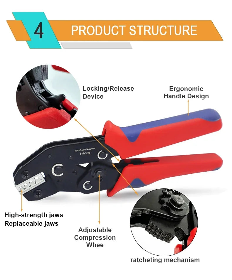 SN-58B 0.25-1.5mm² AWG24-16 Non-insulated Crimper for Dupont Jumper Wire EPS PCIE SATA PINS MOLEX JST Terminals Crimping Plier