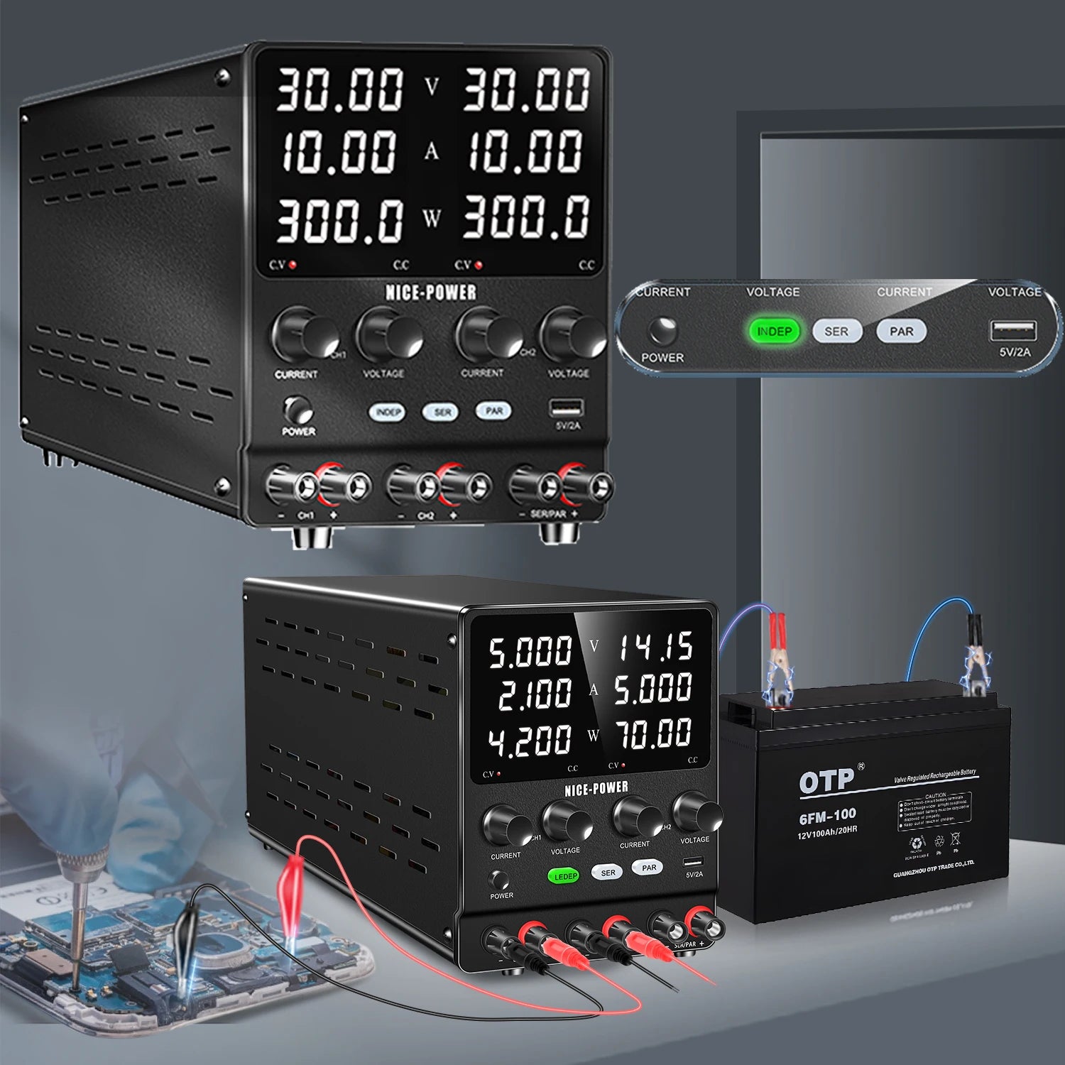 NICE-Power Dual Lab Power Supply 30V 10A Adjustable 3 Channel 60V 120V 240V Digital Bench Power Source Multiple Series Parallel