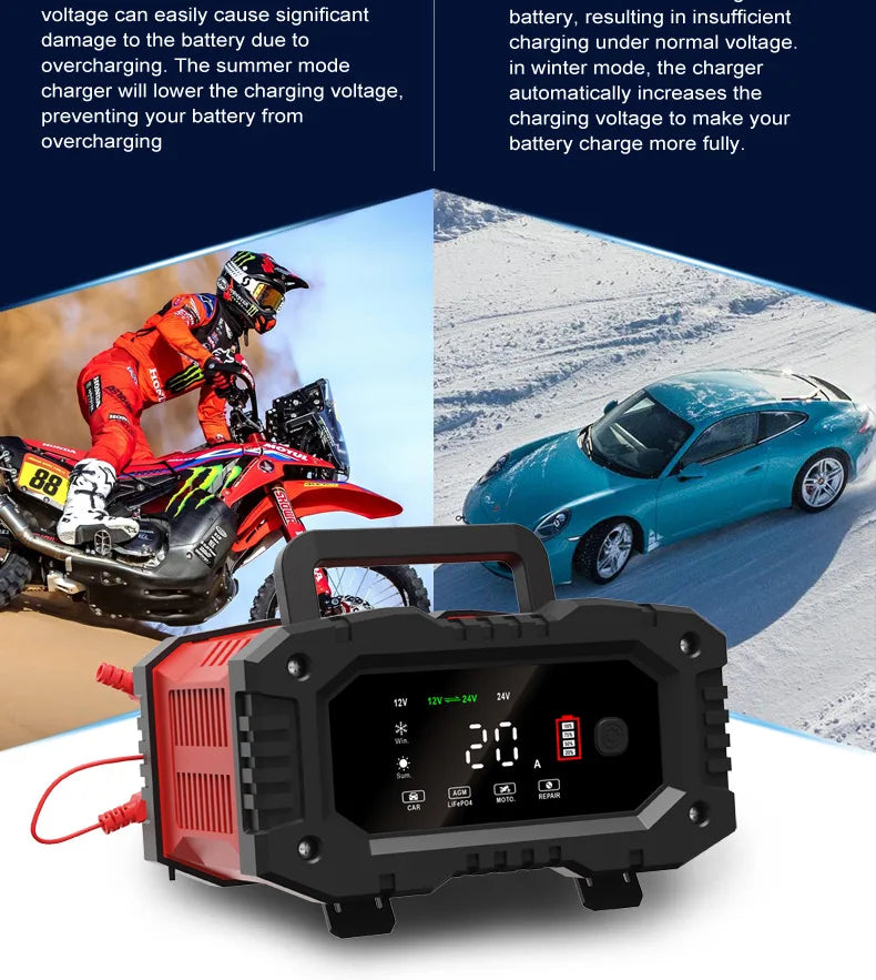 12v/24v Fully Automatic Battery Charger 7-segment Smart Car Battery Charger Pulse Repair for Agm Gel Wet Lead Acid Charging