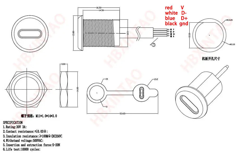 5Pin USB-C Connector With CC Pin Data Nut Snap Plate 4Pin With Wire 3A Waterproof USB Type C to PH2.0 Fast Charging Female Jack