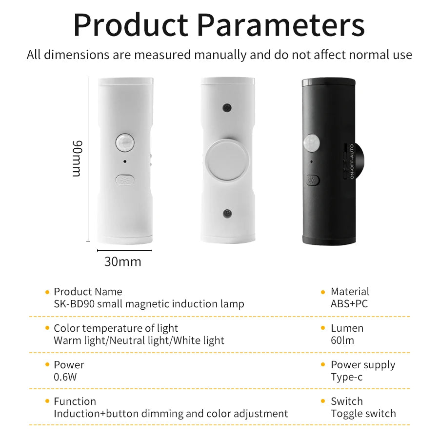 Rechargeable Motion Sensor LED Night Light Double Head Magnetic 3 Color Wall Lamp USB Charging for Closet Stairs Hallway Kitchen