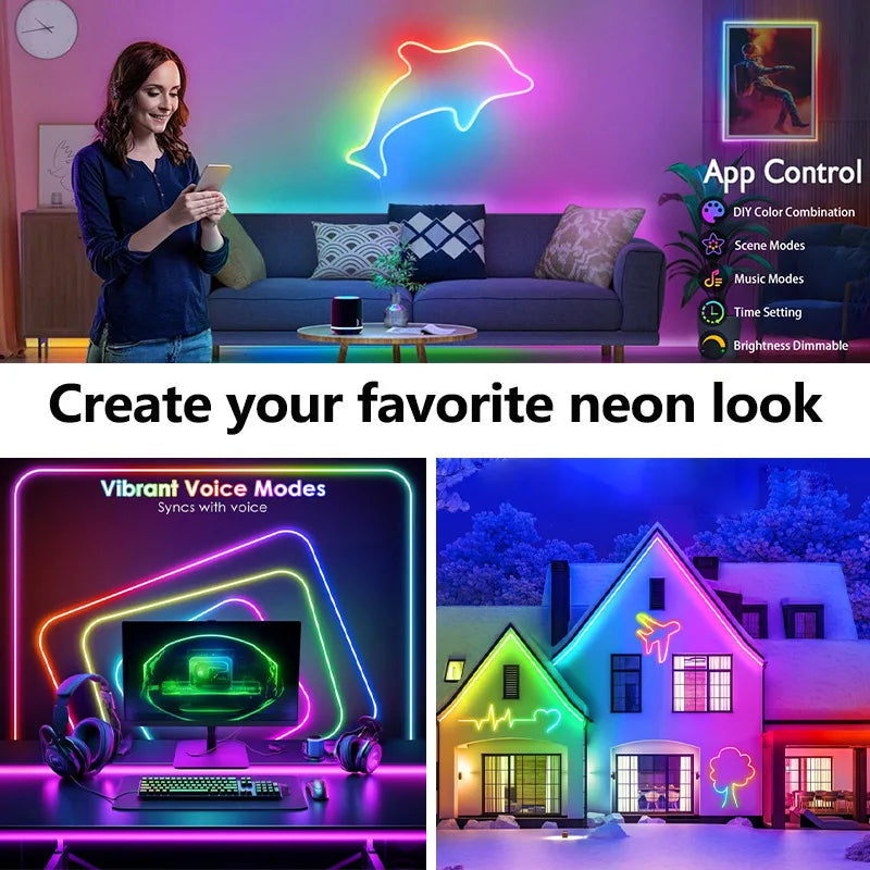 Neon Rope Lights,Flexible Led Rope Lights Control with App/Remote,Multiple Modes Rope Lights,IP65 Outdoor RGB-IC Led Neon Lights