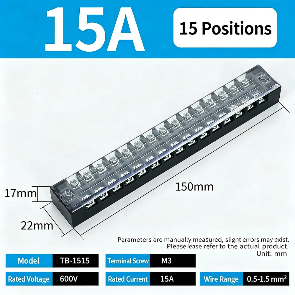 1Pc Dual Row Screw Terminal Block TB1503-TB1520 15A Fixed Wiring Strip Wire Connector