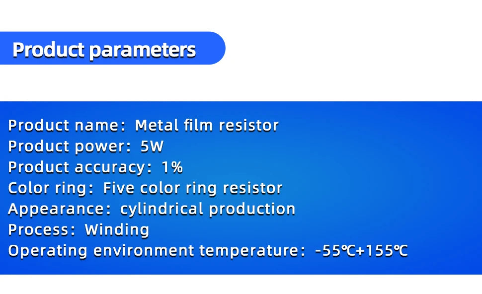 10pcs 5W Metal Film Resistor 1% 1Ω - 1MΩ 2 2.2 10 15 47 100 120 390 470 820 1K 1.2K 3K 8.2K 22K 20K 33K 47K 150K 330K 560K ohm