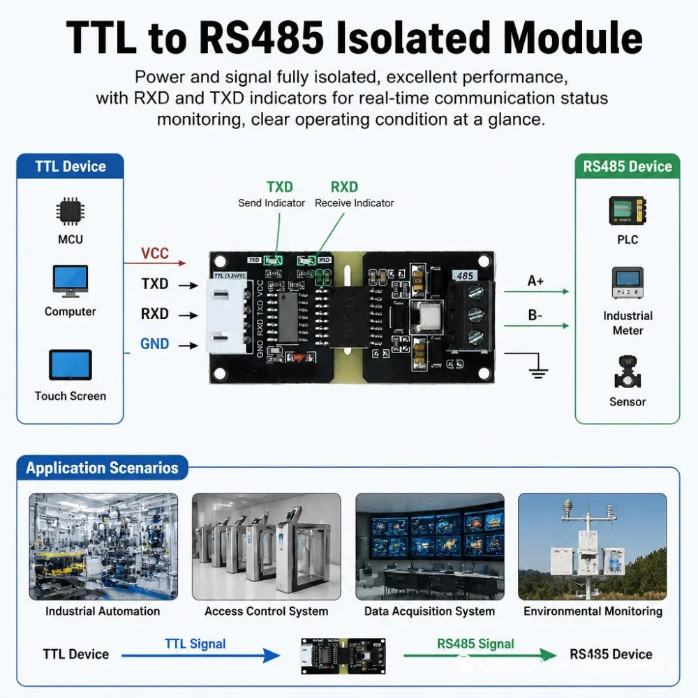 DC 3-5.5V Industrial-Grade Isolated TTL to RS485 Converter Module Automatic Data Flow Control For RS485 to TTL Signal Conversion