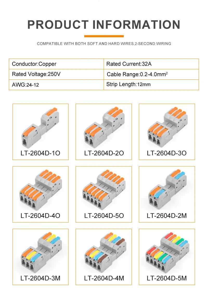5Pcs Male Female Universal Compact Electrical Wiring Connectors Push-in Conductor Terminal Block Docking Mini Quick Wire Connect