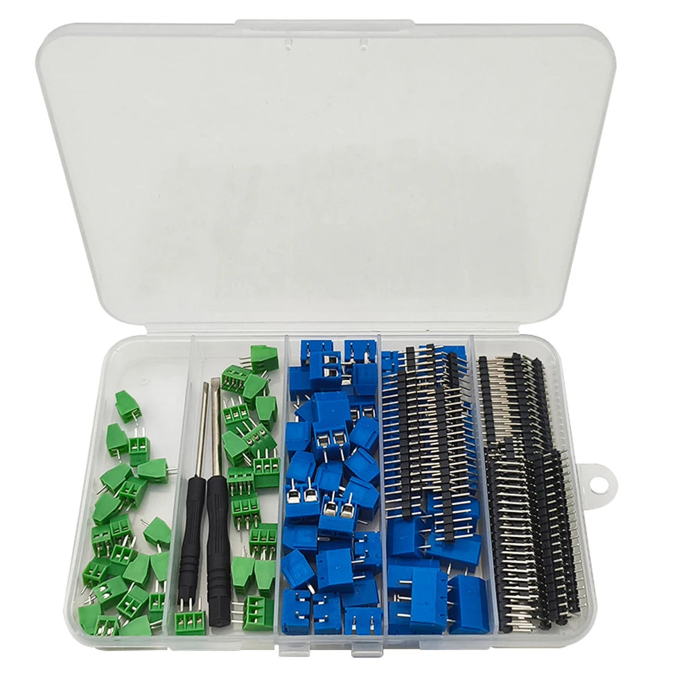1Box KF128 KF301 PCB Screw Terminal Block Connector Kit 2.54mm 5mm Pitch 2Pin 3Pin 4Pin with Pin Header Screwdriver