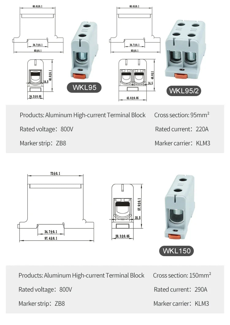 Aluminum Distribution Block Din Rail Mounting WKL 50/95/150/240 mm² Cable Power Connector Terminal Block Box