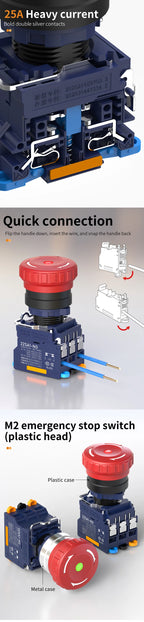 LANBOO 22MM SA1 Series Quick Plug with LED25A High Current Plastic Mushroom Button Emergency Stop Switch 1NO1NC 2NC
