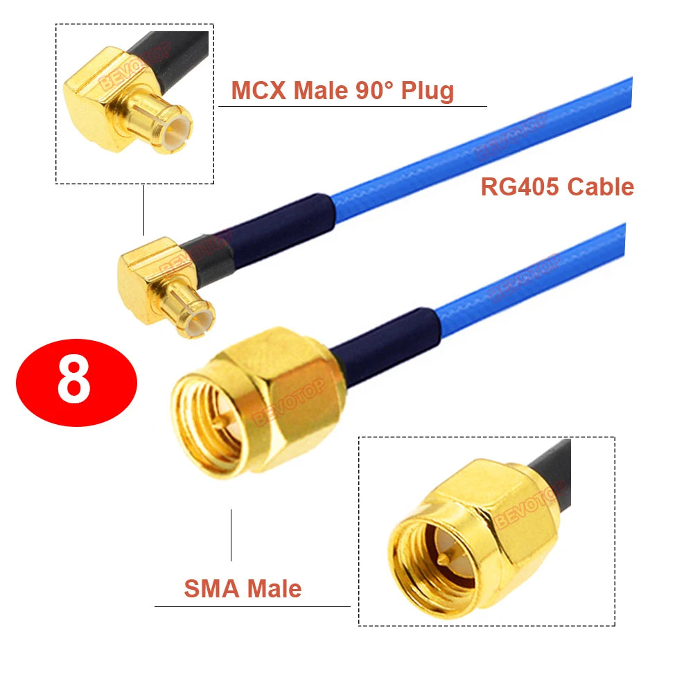 1PCS SMA to MCX RG405 Cable SMA/ RP-SMA Male Female to MCX Male Straight/Right Angle Plug 086 Pigtail 50Ω High Frequency Jumper