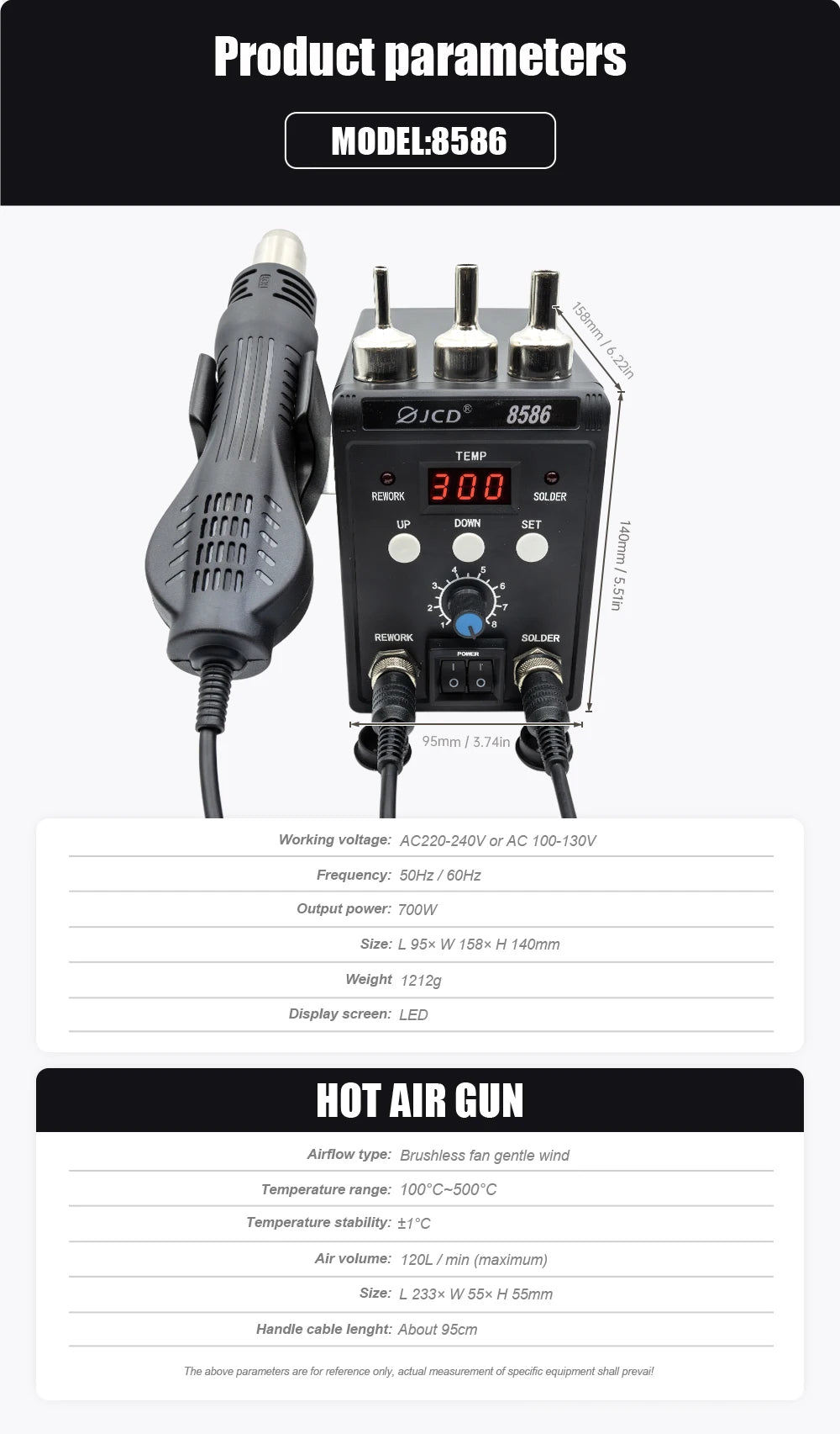 JCD 2 in 1 Digital Soldering Station Hot Air Gun Solder Iron SMD BGA Rework Desoldering Welding Repair Tools 760W 220V 110V 8586