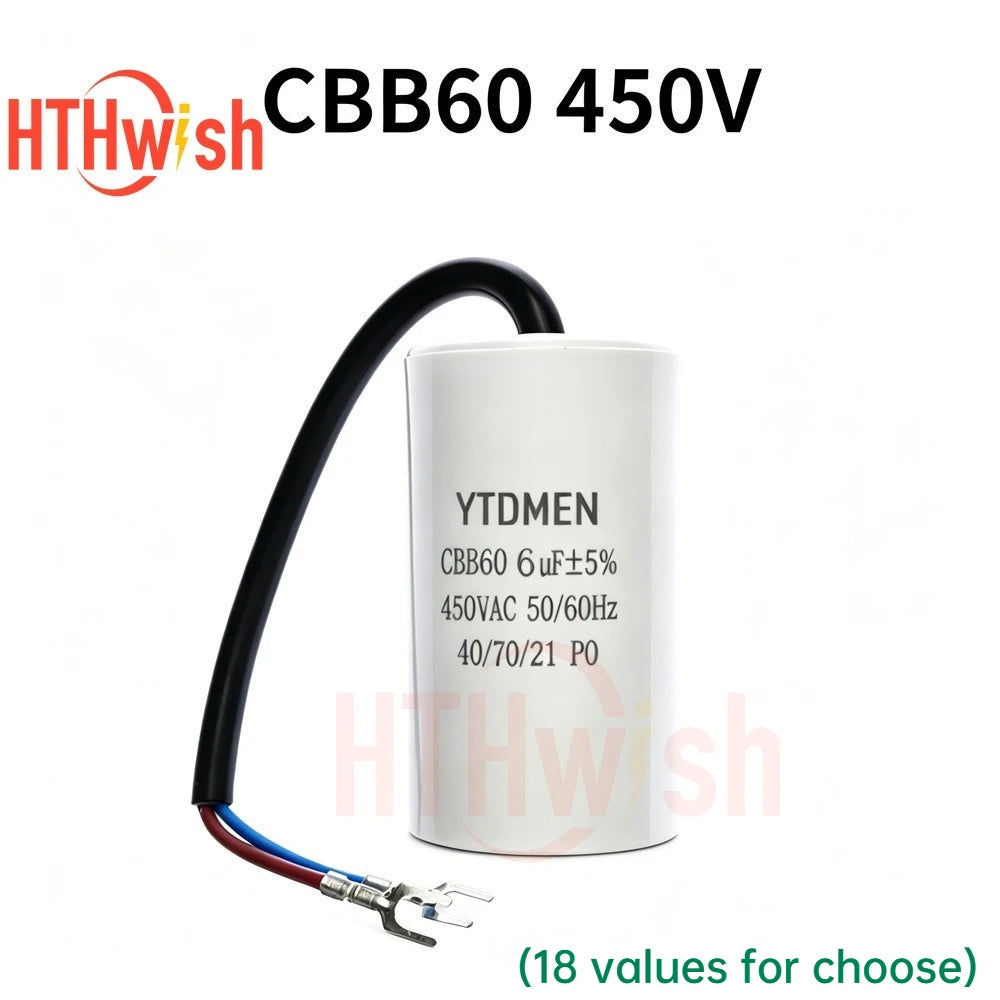 1pc CBB60 Motor Run Capacitors 5% for Washing Machine 450V 3UF 4UF 5UF 6UF 8UF 10UF 12UF 15UF 18UF 20U 450VAC Starting Capacitor