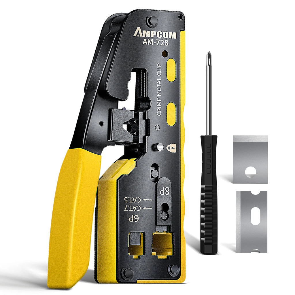 AMPCOM rj45 Crimper CAT7 Crimping Tool for Pass Through RJ11 RJ 45 Connector CAT6 CAT5E Modular Plugs With Wire Stripper Cutter
