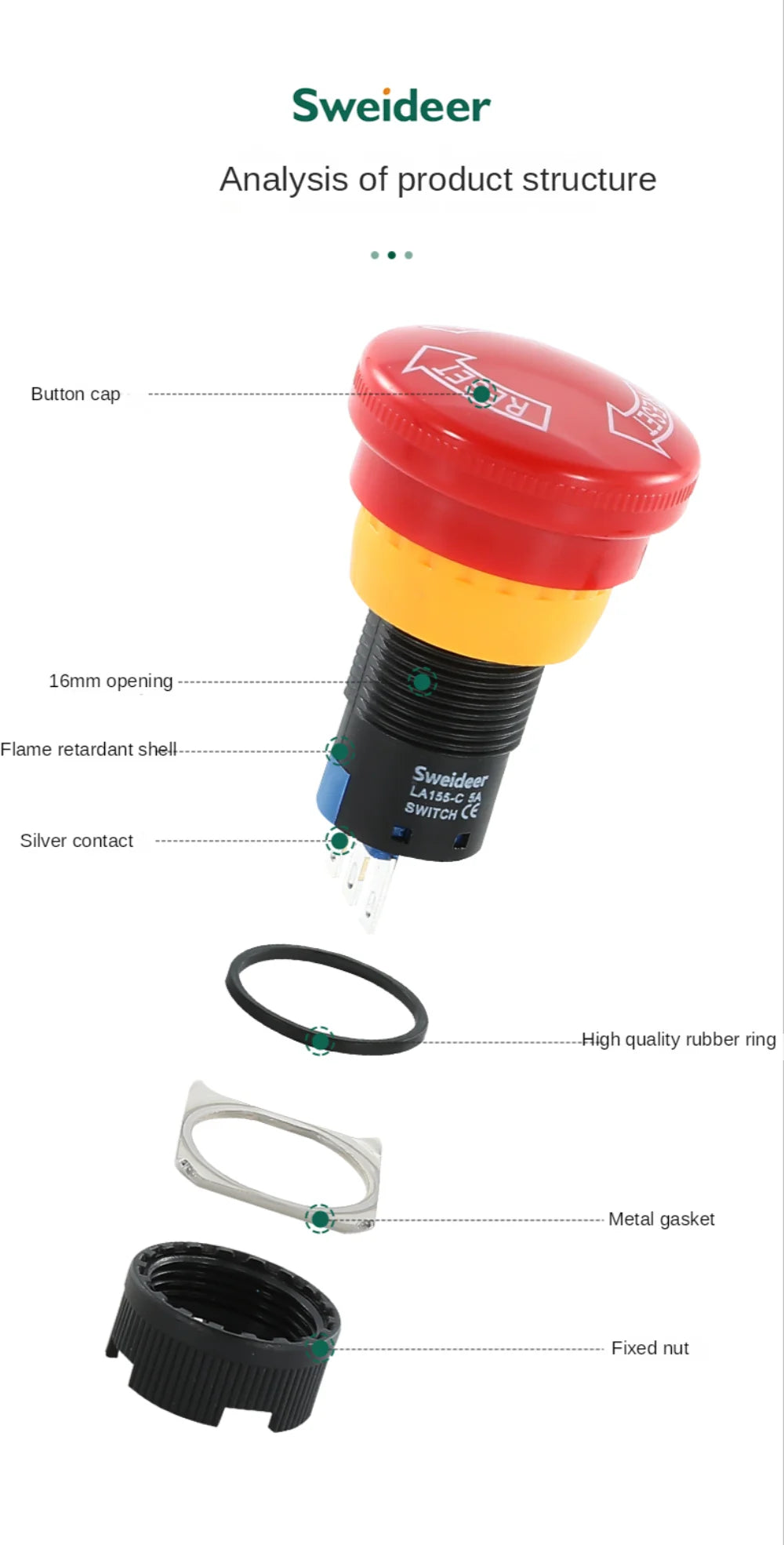 16mm Plastic Emergency Stop Switch Self Locking Latching Button Red Mushroom Head Switch for Equipment Lift Elevator Latching