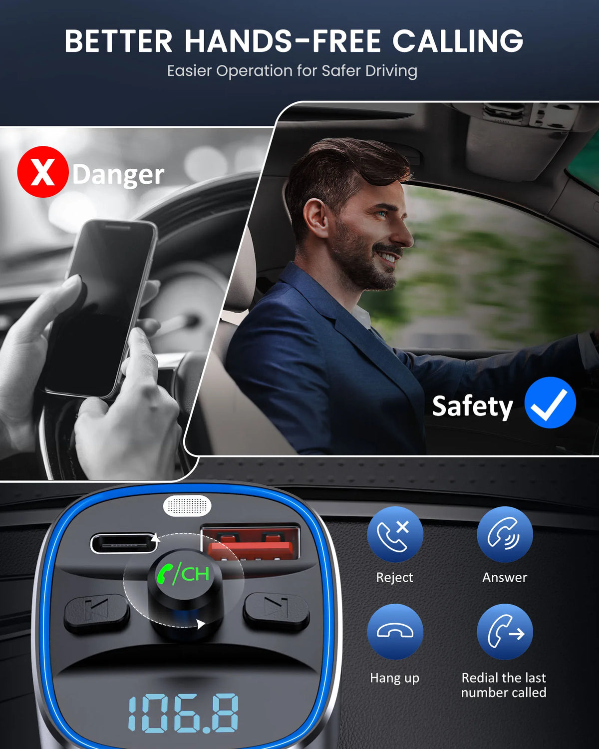 LENCENT Bluetooth 5.4 FM Transmitter with PD 30W &QC 18W Fast Charging Hands-Free Calling Wireless Radio Music Car Adapter