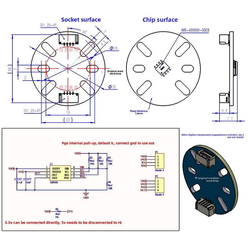 AS5600 12-Bit High Precision Magnetic Encoder Module I2C Angle Speed Sensor with Radial Magnet and Mounting Holes for FOC