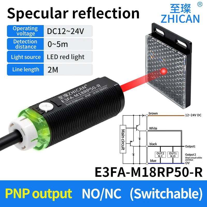 ZHICAN E3FA M18 Cylindrical Photoelectric Sensor Long Range Diffuse Reflective Through Beam Retro Reflective NPN PNP
