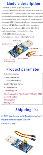 CH341A Programmer USB to SPI I2C IIC UART TTL ISP Serial Adapter Module EPP/MEM Converter Brush Debugging RS232 RS485 CH341T