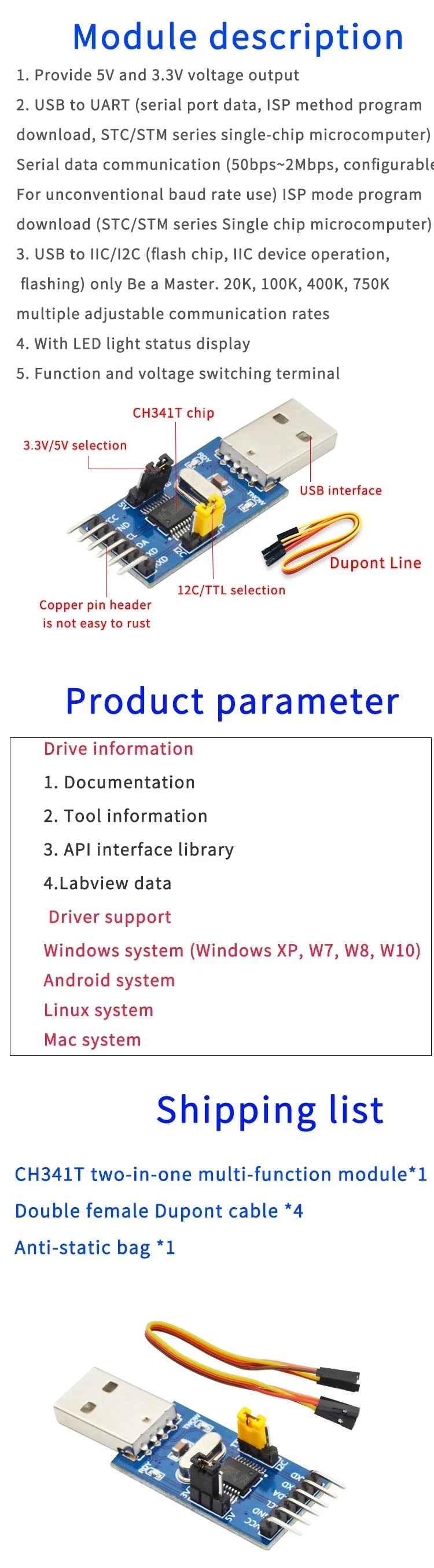 CH341A Programmer USB to SPI I2C IIC UART TTL ISP Serial Adapter Module EPP/MEM Converter Brush Debugging RS232 RS485 CH341T