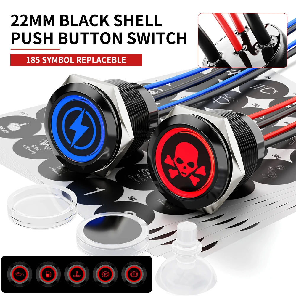 FILN 2Pcs 22mm Symbol Push Button Switch 20A IP67 Waterproof Latching Momentary Marine Switches 185 Replacement Symbols 5V-24V