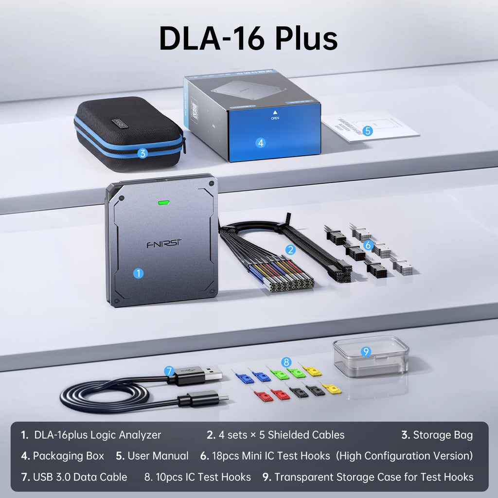 FNIRSI DLA‑16/32 Plus High‑Speed Logic Analyzer 1GHz Sampling 16/32CH USB3.0 4Gbit Stream Buffer 120+ Protocol Decoder Embedded