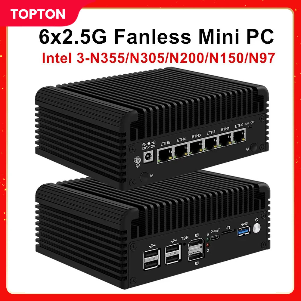 6 LAN 2.5G Firewall Router Intel 3 N355 N200 N150 N97 i226-V Fanless Mini PC DDR5 2xNVMe 1xSATA3.0 2xHD Type-C pfSense OPNsense