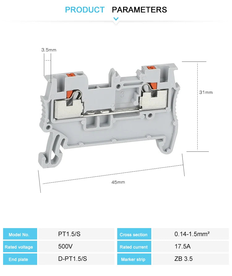 PT1.5 Push-In Din Rail Terminal Block 1.5mm² Wire Feed-Through Electrical Connector Strip Plug PT-1.5 PT 1.5