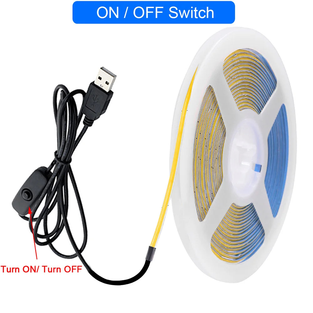 5V USB 3mm PCB COB LED Strip Light with Switch Dimmer Remote Control 320 LEDs High Density Linear Lighting Flexible Tape Lamp