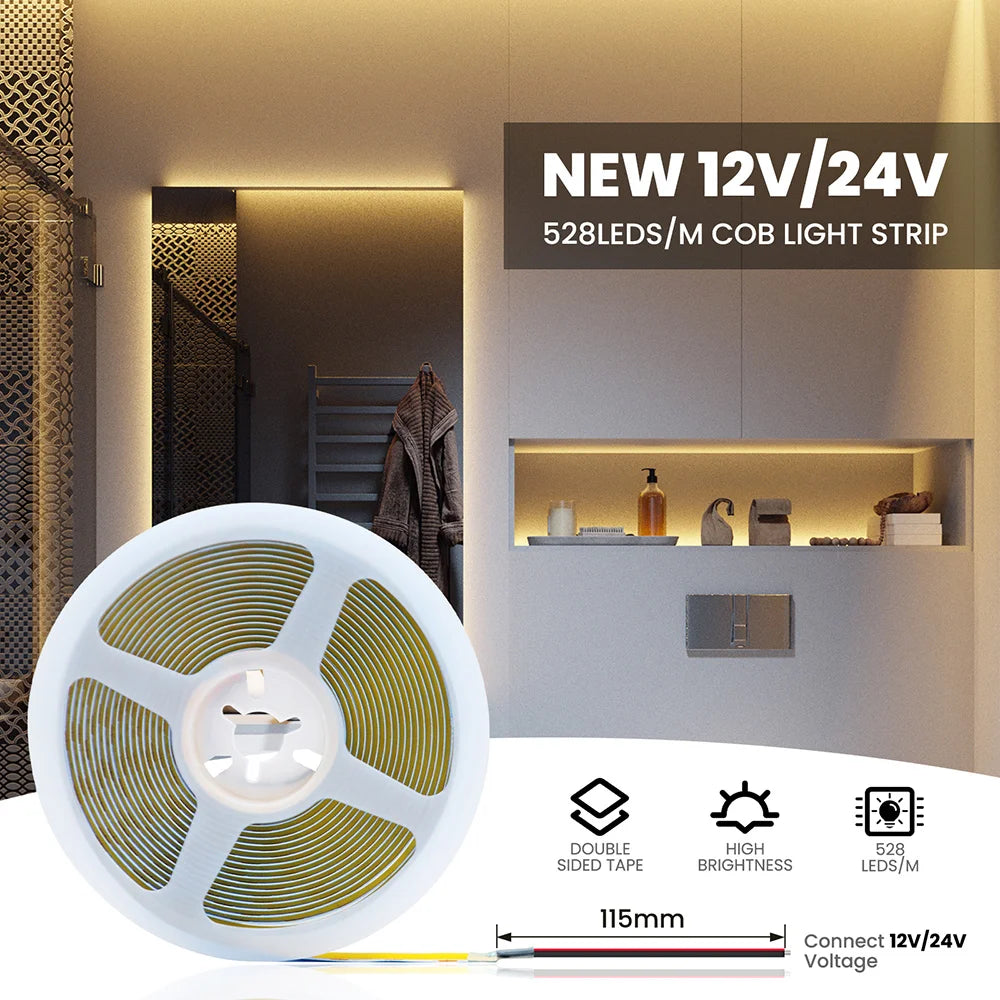 DC 12V 24V COB LED Strip Light 320 480 528 LEDs Flexible Tape High Density Linear Lighting Warm White 8mm PCB 0.5m 1m 2m 5m 10m