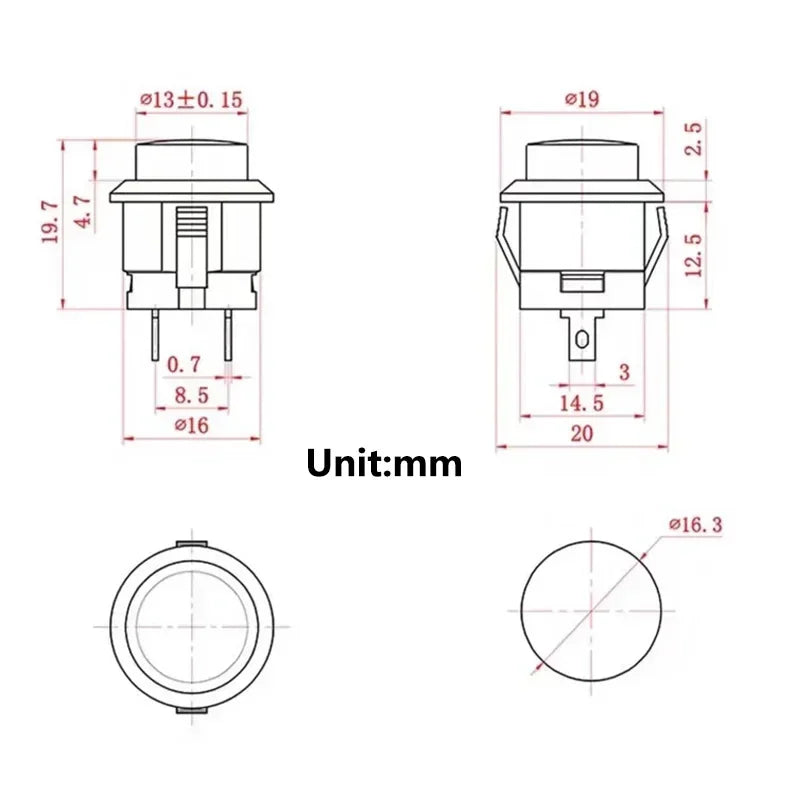 5/20/100Pcs R13-507 16mm Round Switch Momentary Push Button Switch 2Pins ON-OFF Self-reset Panel Mounting