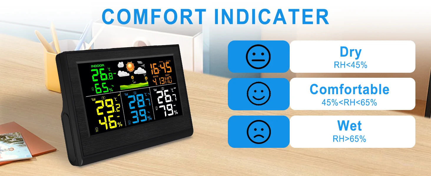 Wireless Weather Station with 3 Sensors 8 Channels 100m Range Indoor/Outdoor Thermometer Hygrometer Alarm Clock for Home Office