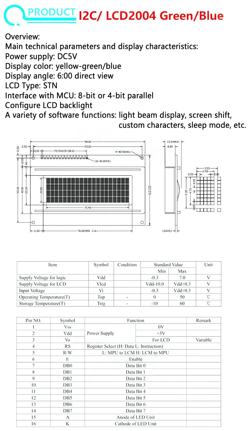 Module Blue Green Screen For Arduino 0802 1602 2004 12864 LCD Character UNO R3 Mega2560 Display PCF8574T IIC I2C Interface