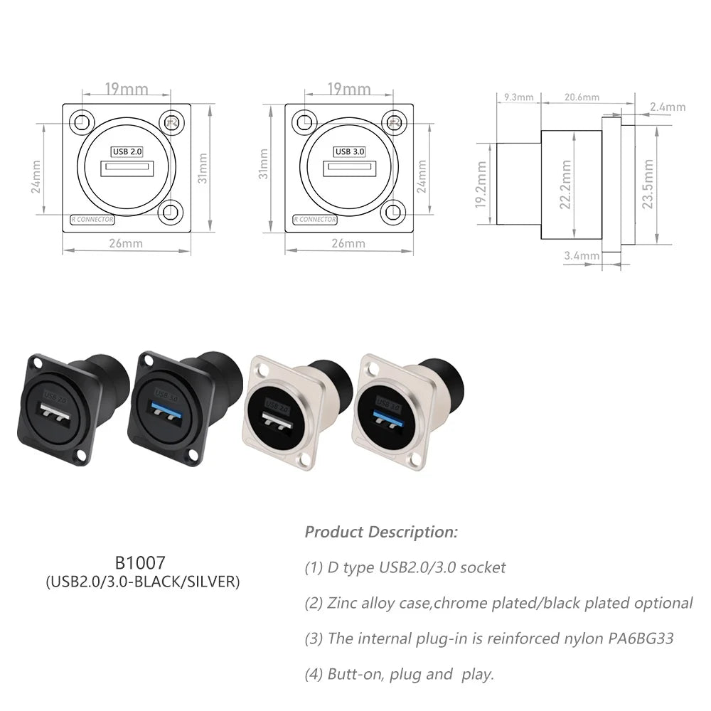 1pc Metal Round/D Type Module RJ45 CAT6&USB 2.0/3.0&Type C&HDMI-Jack Socket Through Network Panel Mounting Electronic Connector