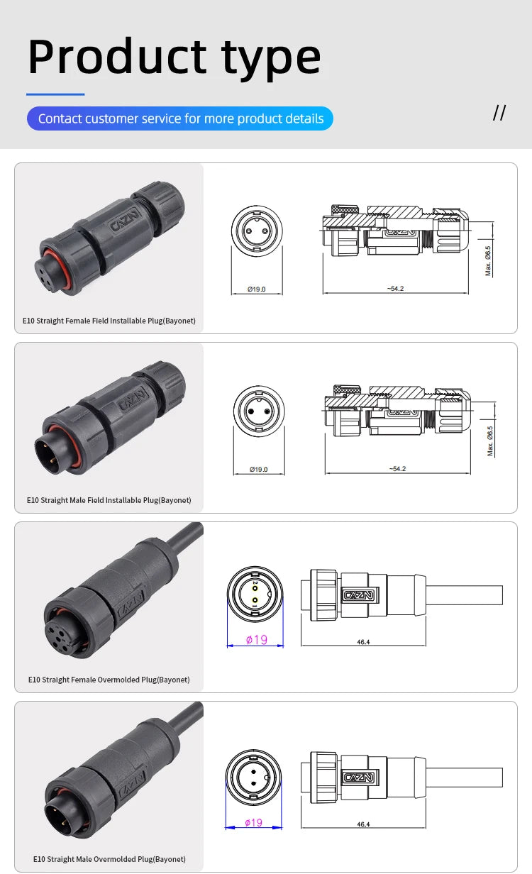 CAZN Plastic Straight Angled Male Female Circular Connectors E10 Waterproof Bayonet Connector 2-12 Pin with Unshielded PVC Wire