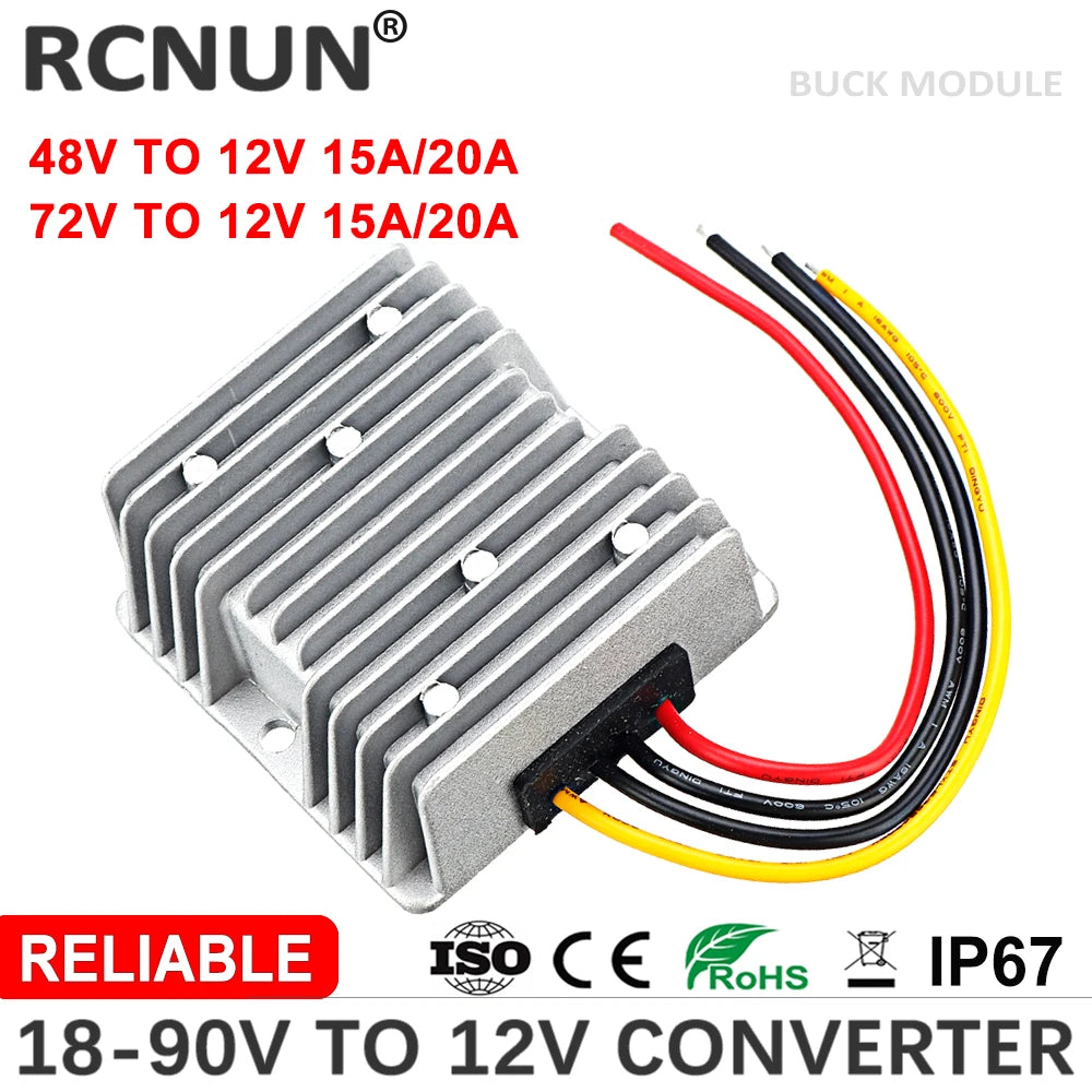 RCNUN 18-90V to 12V 5A 10A 15A 20A DC Converter Step Down Voltage Regulator 24V 36V 48V 60V 72V Transformer Car Power Supply