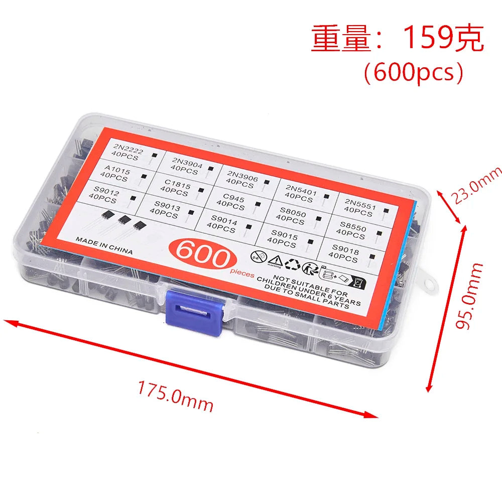600PCS TO-92 Transistor Diodes Assorted Set 15 Types Pack of 40 Each including 2N2222 & S9018 for Electronics Projects
