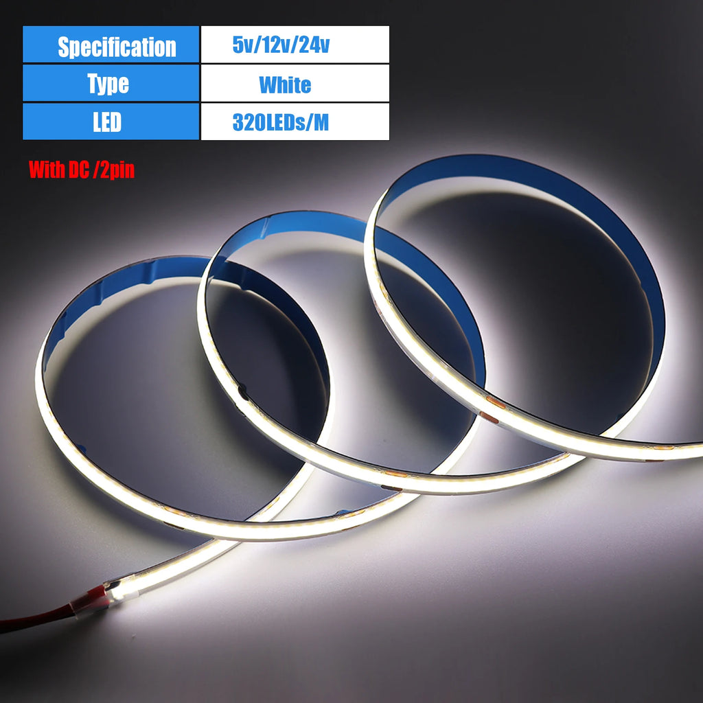 DC 5V/12V/24V COB LED Strip 3MM 5MM 8MM 320Leds/M High Density Flexible COB LED Tape Light For Cabinet Home Linear Lighting