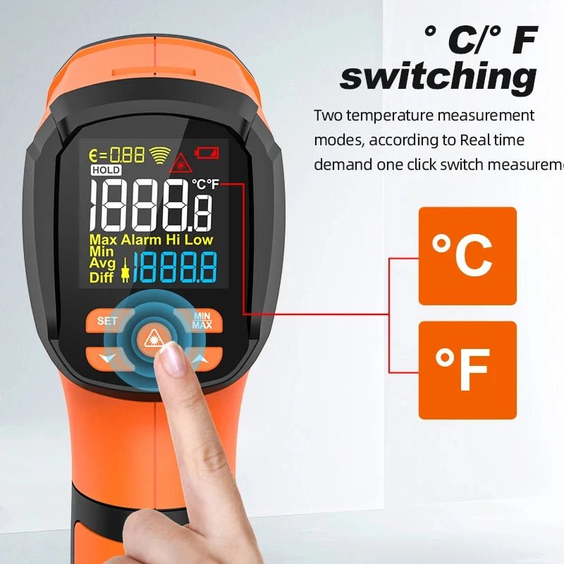 Non-contact Infrared Thermometer -40°C~1600°C High Temperature Meter with K-type Probe Laser Pyrometer Adjust Emissivity