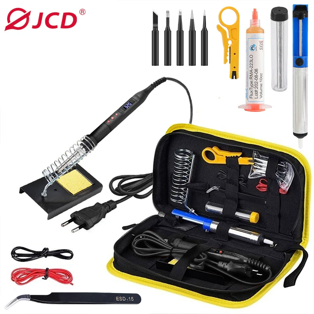 JCD Digital Soldering Iron Set Kit 80W with ON/OFF Switch Adjustable Temperature LCD Welding Tools Ceramic Heater Soldering Tips
