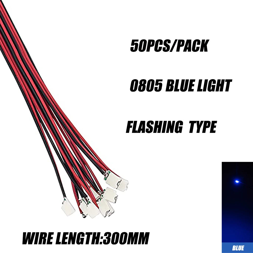 50pcs 0805 FLASHING LED SMD Lamp Wired Micro Litz Led Pre-Soldered Chip Wired 3V Railway Model Toy Light DIY Leads Wires 30cm