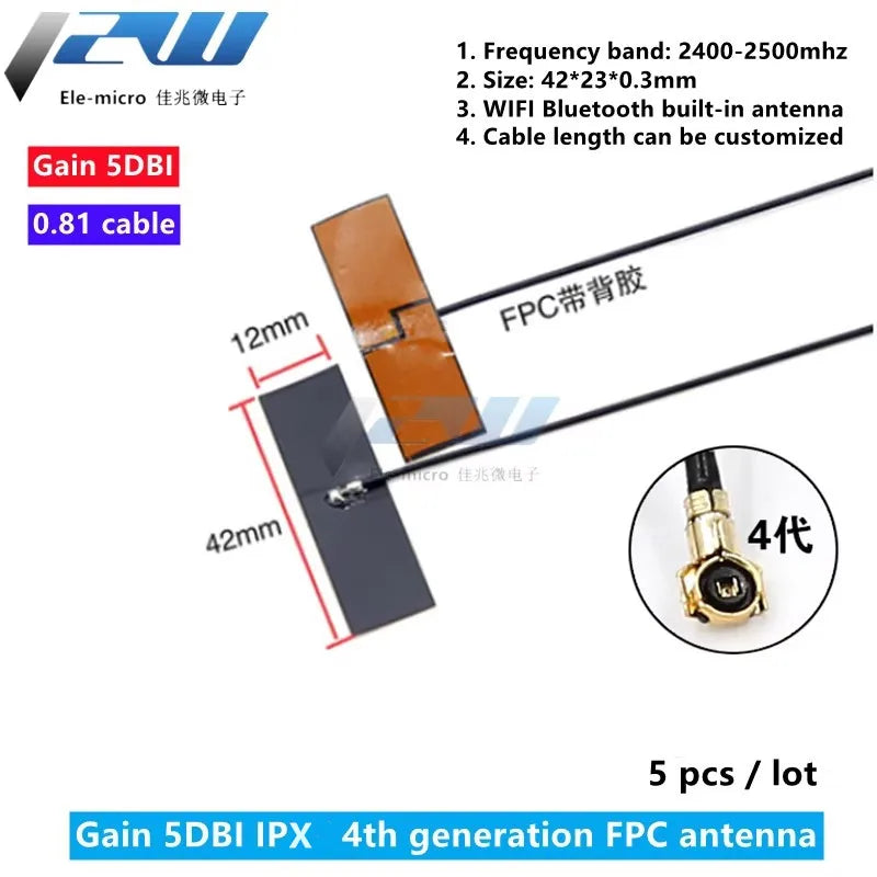 5 PCS/LOT WiFi 2.4G High Gain 5dbi , Built-in Flexible FPC Soft Antenna ZigBee Ipx4  Bluetooth Module IPX1/IPX4-K Patch Anten