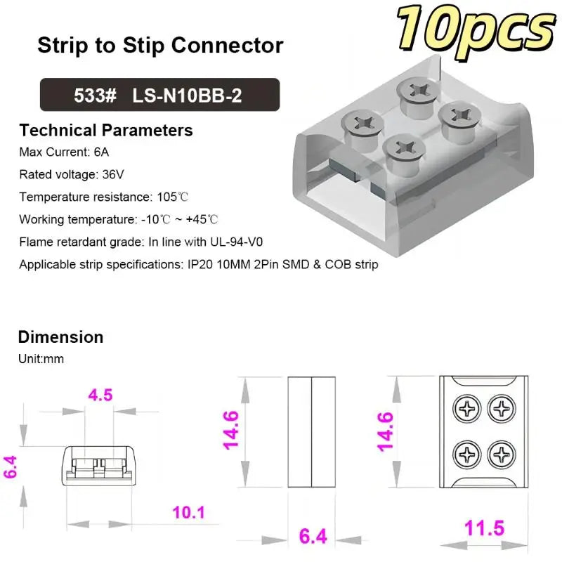 10Pcs Screw Fixing Solder-Free LED Strip Connector 2 Pin Quick Wire Connector For 8mm/10MM LED Light Strip Terminal Adapter