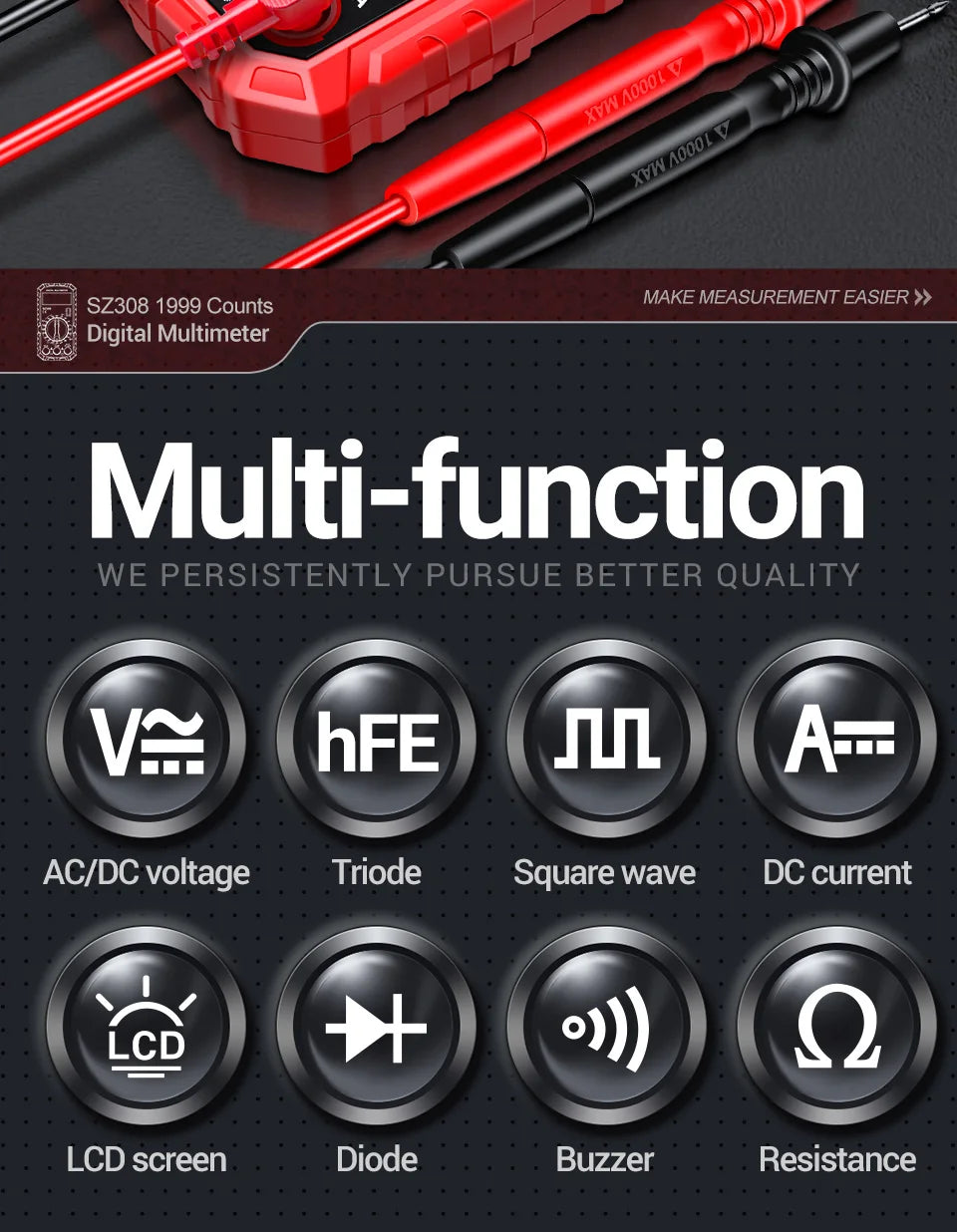 ANENG SZ308 Digital Multimeter 1999 Counts AC DC Voltage Manual Range Voltmeter Ammeter Ohm Meter DC Current Resistance Tester HFE Triode Test Square Wave Portable Electrician Measuring Tool