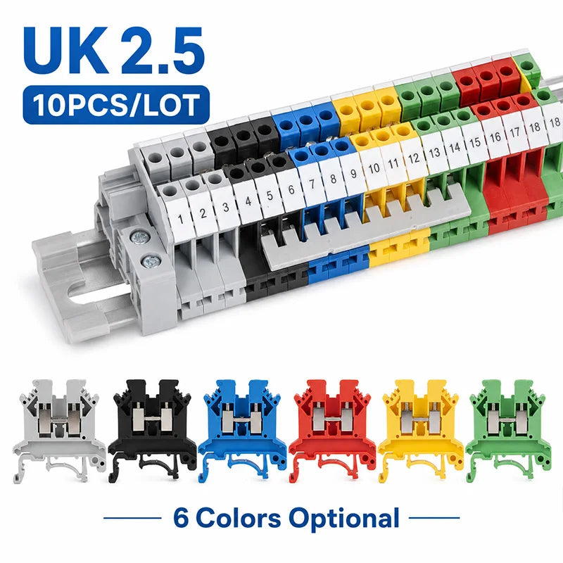 10PCS UK2.5B 2.5mm² DIN Rail Terminal Blocks Screw Connection Feed Through Wire Connector Gray Red Blue Green Black Yellow Set