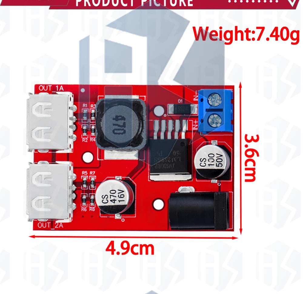BS LM2596 DC-DC Buck Converter Module - 6V-40V Input to Dual USB 5V/3A Output for Automotive Use