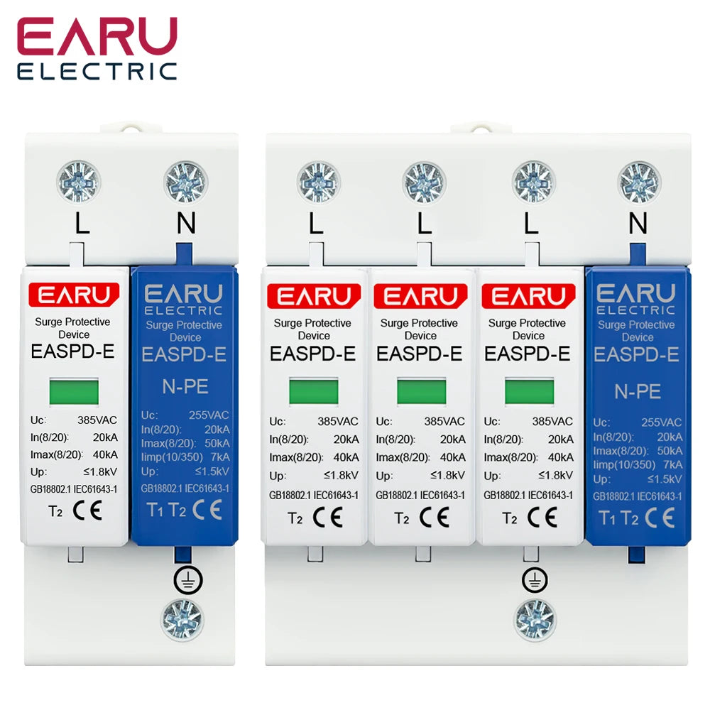 EARU AC SPD 1P/3P+NPE 50KA T1 T2 385V 275V House Lightning Surge Protector Protective Solar Low-Voltage Arrester Device Din Rail