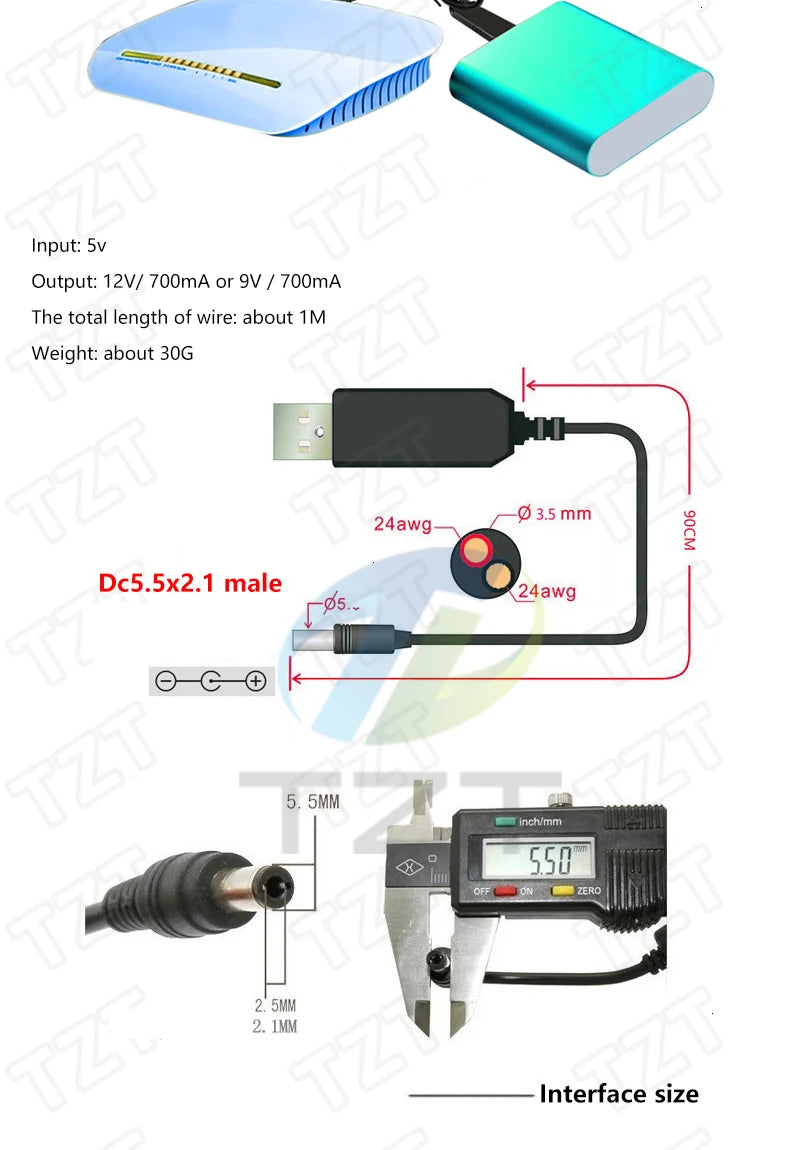 TZT 1/3PCS USB Power Boost Line DC 5V to DC 9V / 12V Step UP Module USB Converter Adapter Router Cable 2.1x5.5mm Plug