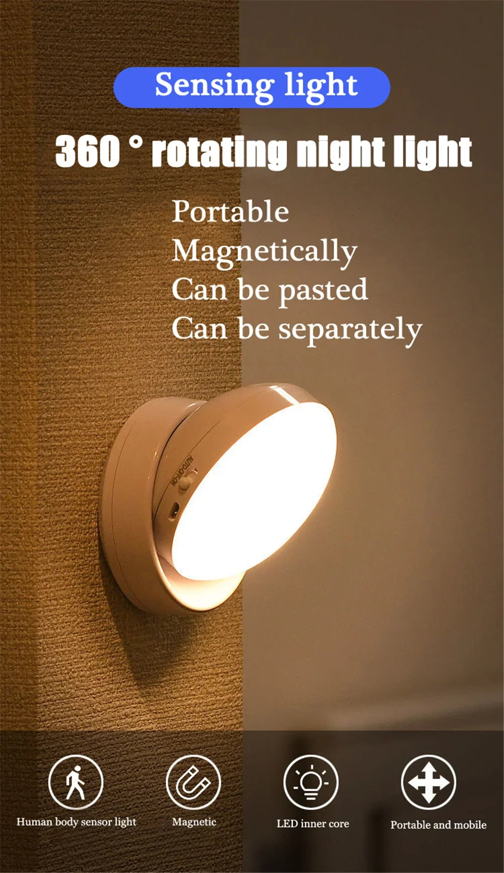 Night Light USB Motion Sensor Charging Round Energy-saving LED Lamp Bedroom Light Corridor Home Bathroom Wall Lights Night Light