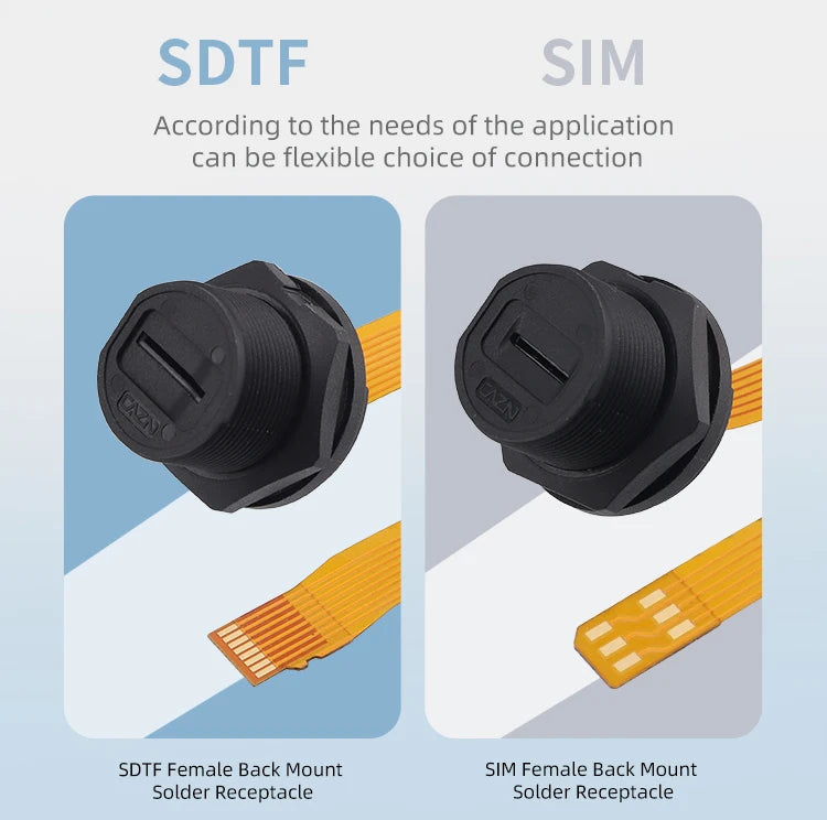 Waterproof Connector SIM Card Threaded Back Mounted Female Solder Socket With 20cm FPC Cable