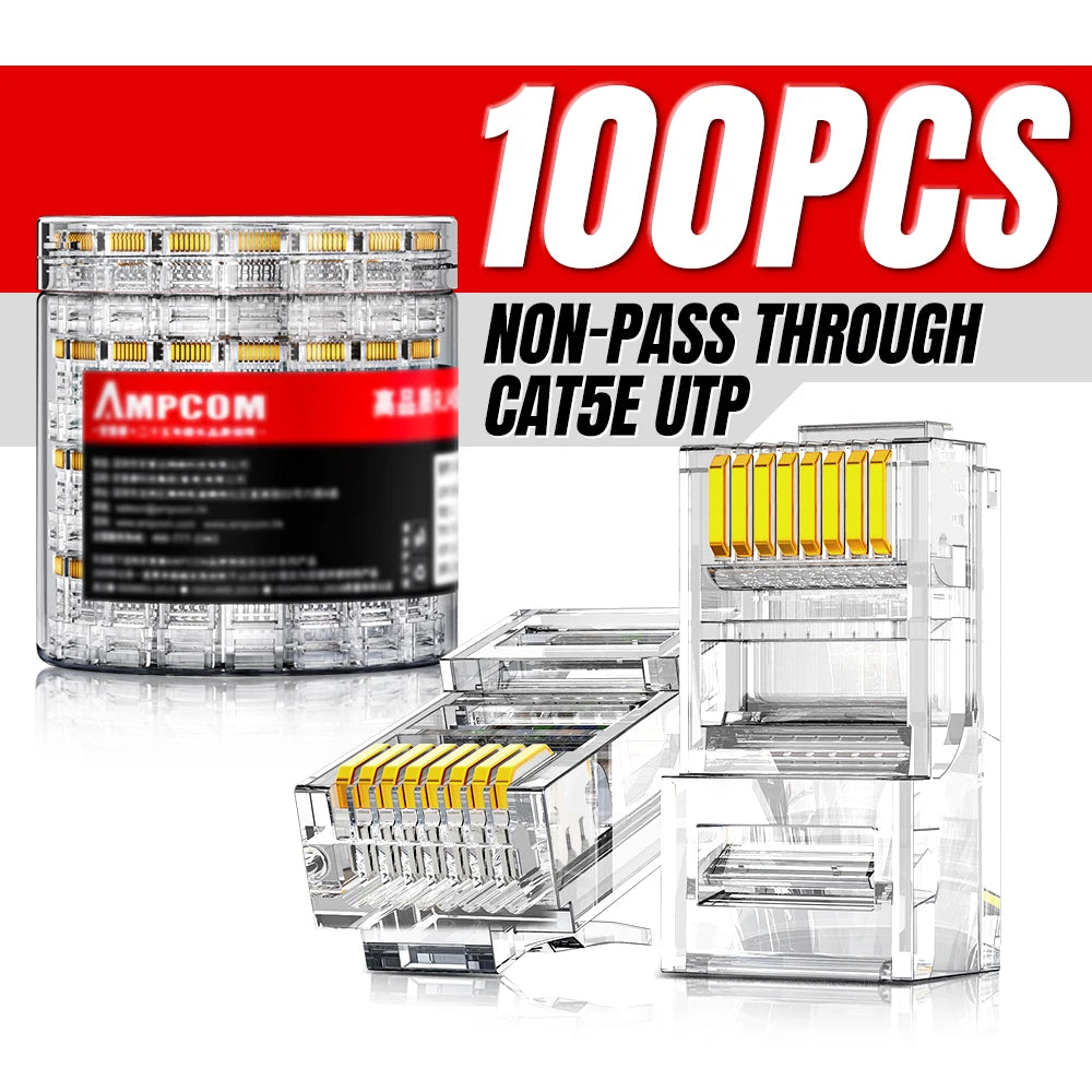 AMPCOM RJ45 Connector Pass Through CAT5E Modular Plug Network End UTP Fu Gold Plated 8P8C Crimp End For 24-28 AWG Ethernet Cable